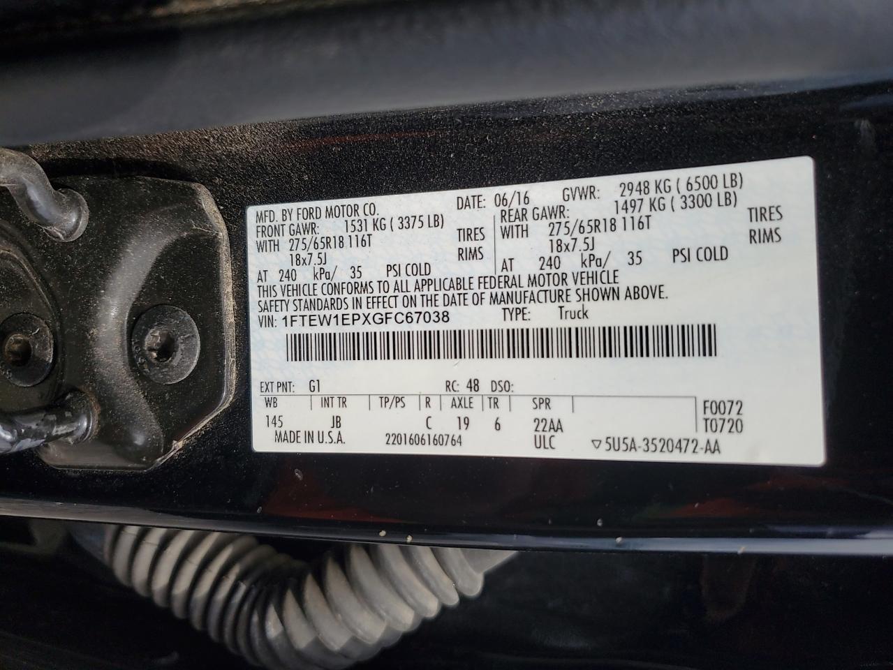 2016 Ford F150 Supercrew VIN: 1FTEW1EPXGFC67038 Lot: 64498565