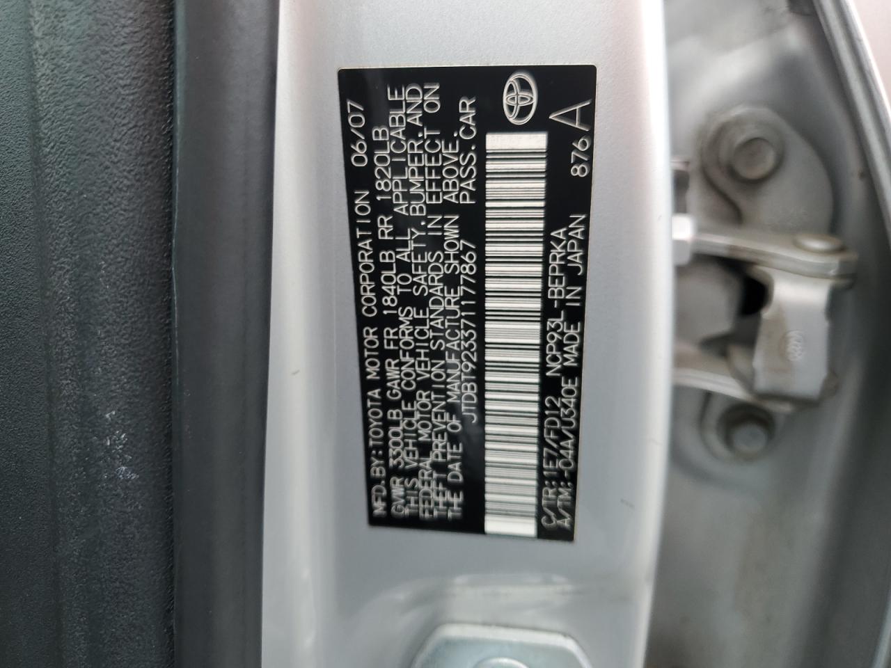 2007 Toyota Yaris VIN: JTDBT923371177867 Lot: 64843225