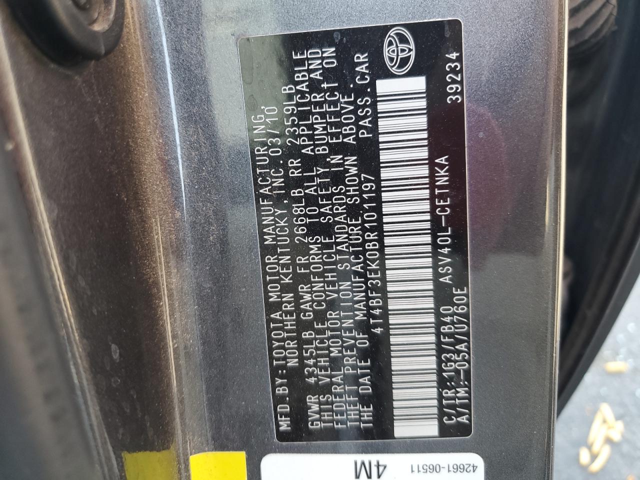 2011 Toyota Camry Base VIN: 4T4BF3EK0BR101197 Lot: 66676935