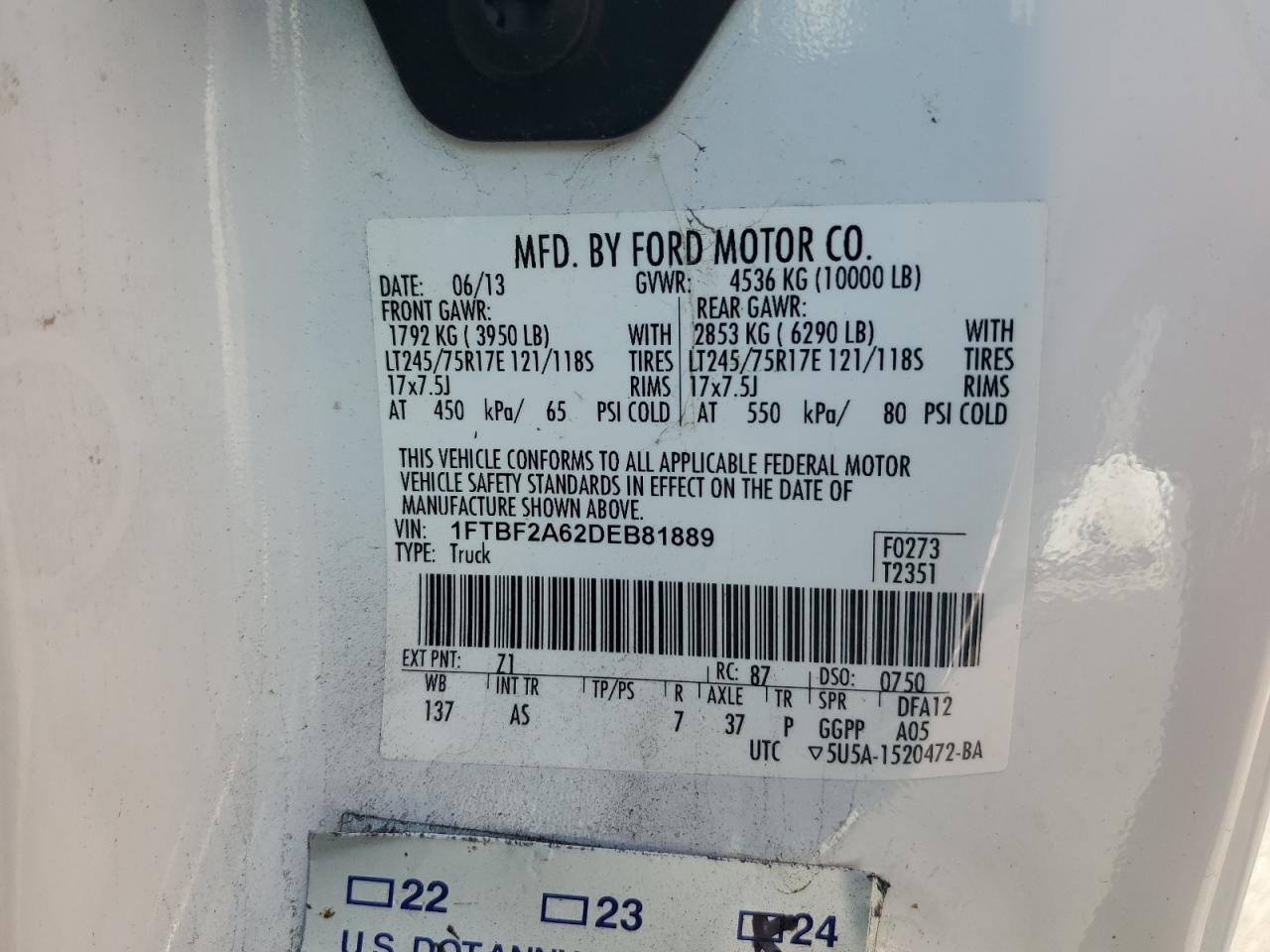 2013 Ford F250 Super Duty VIN: 1FTBF2A62DEB81889 Lot: 61139855