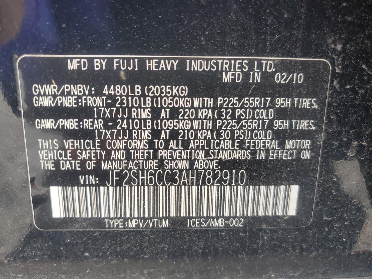 2010 Subaru Forester 2.5X Premium VIN: JF2SH6CC3AH782910 Lot: 64553205
