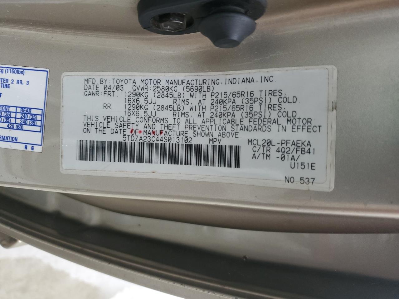 2004 Toyota Sienna Ce VIN: 5TDZA23C44S013102 Lot: 64028965