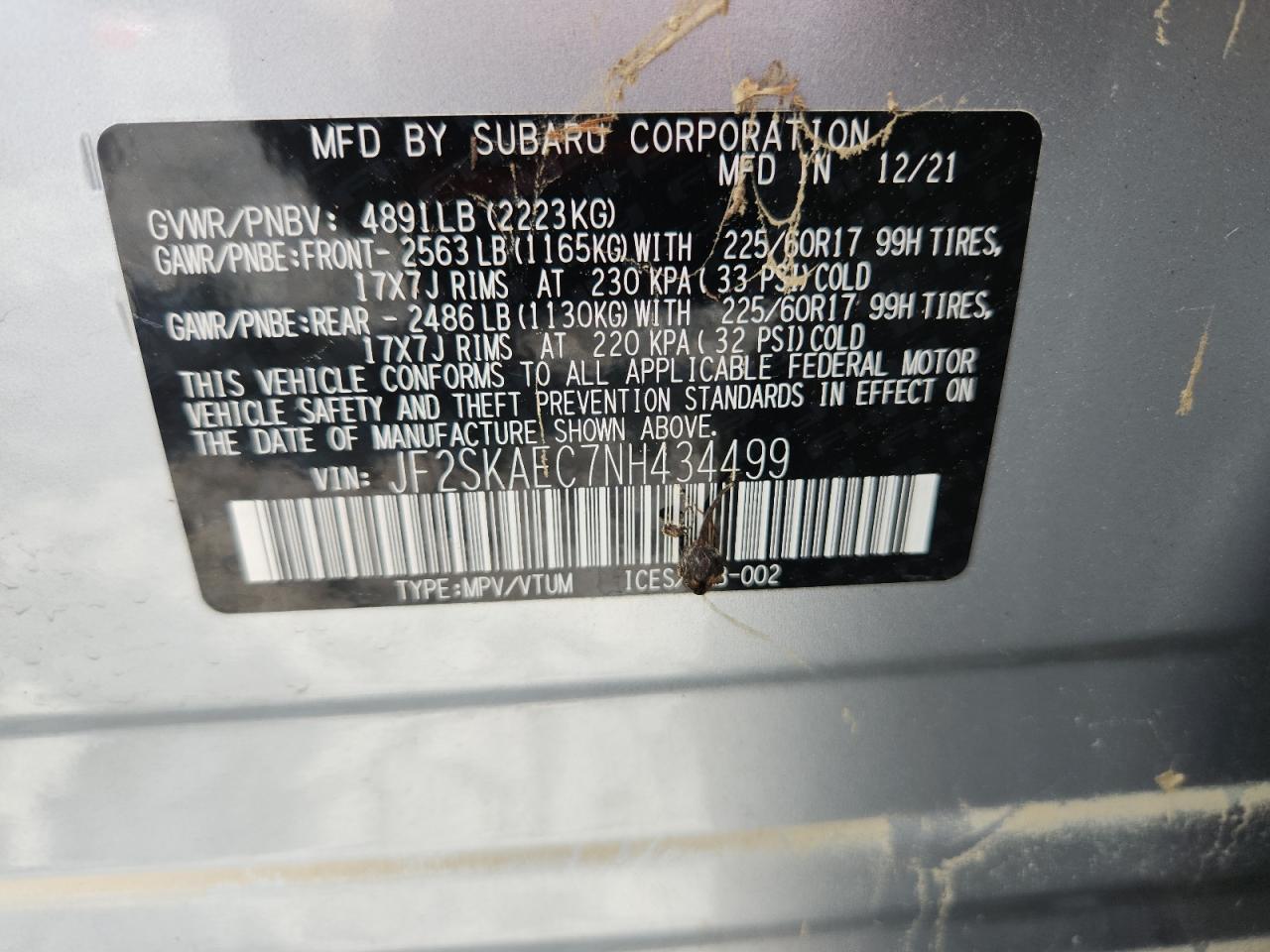 2022 Subaru Forester Premium VIN: JF2SKAEC7NH434499 Lot: 64316475
