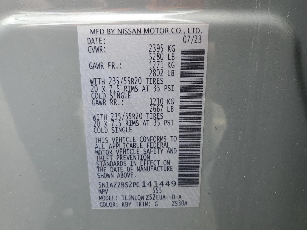 2023 Nissan Murano Sv VIN: 5N1AZ2BS2PC141449 Lot: 64216315