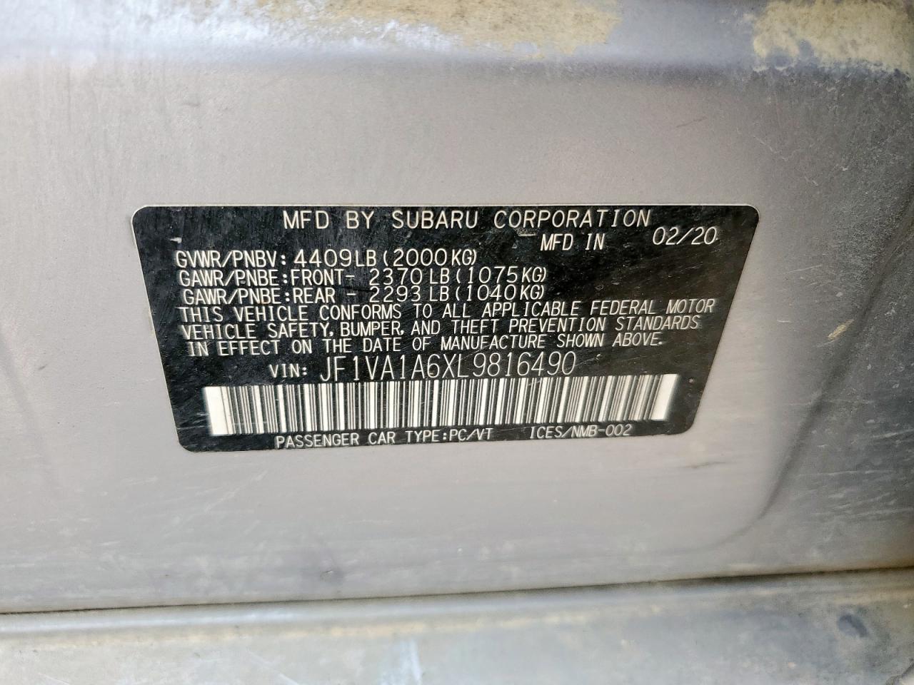 2020 Subaru Wrx VIN: JF1VA1A6XL9816490 Lot: 64499865