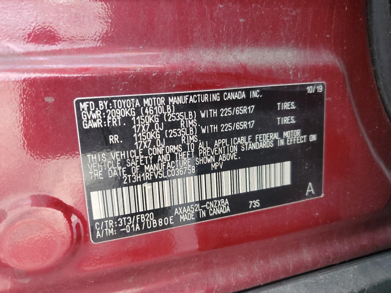 2020 Toyota Rav4 Le VIN: 2T3H1RFV5LC036758 Lot: 66550395