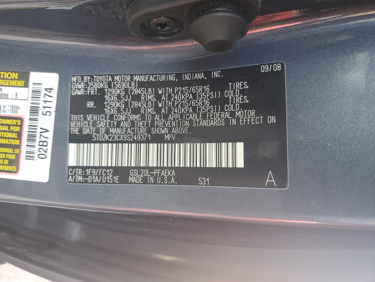 2009 Toyota Sienna Ce VIN: 5TDZK23CX9S249371 Lot: 65282815