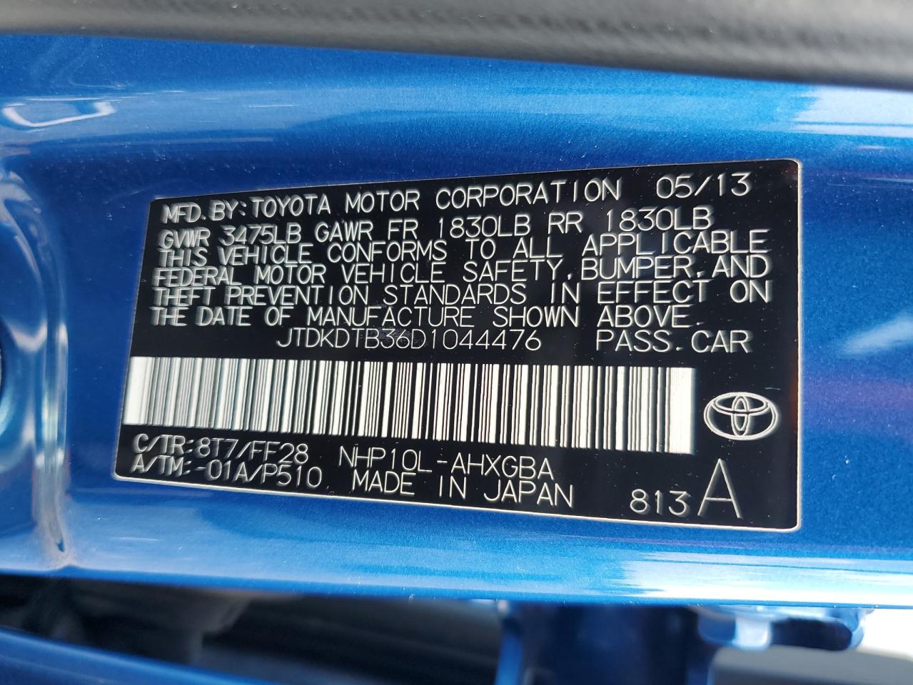 2013 Toyota Prius C VIN: JTDKDTB36D1044476 Lot: 63994965
