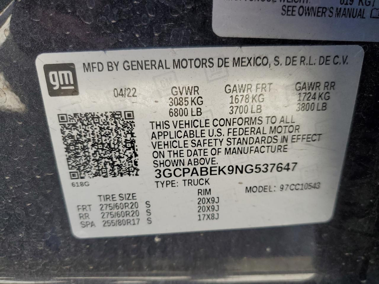 2022 Chevrolet Silverado C1500 Custom VIN: 3GCPABEK9NG537647 Lot: 66660225