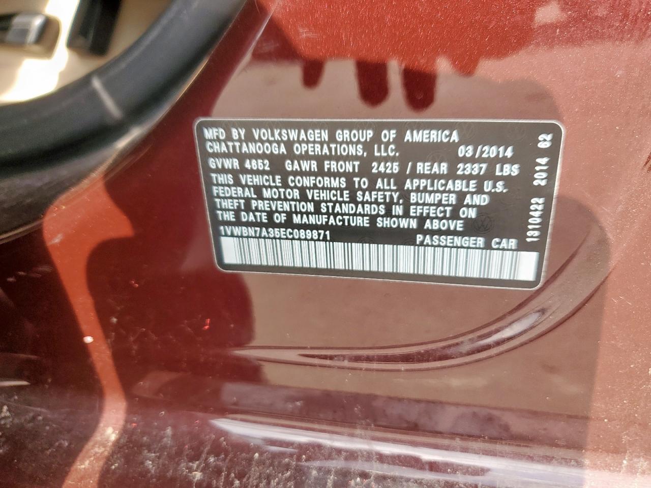 2014 Volkswagen Passat Se VIN: 1VWBN7A35EC089871 Lot: 64809495