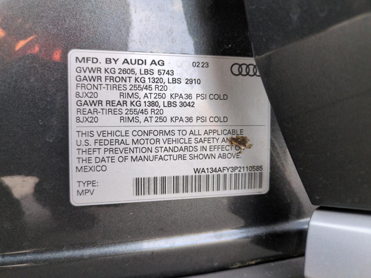 2023 Audi Sq5 Sportback Prestige VIN: WA134AFY3P2110585 Lot: 66659885