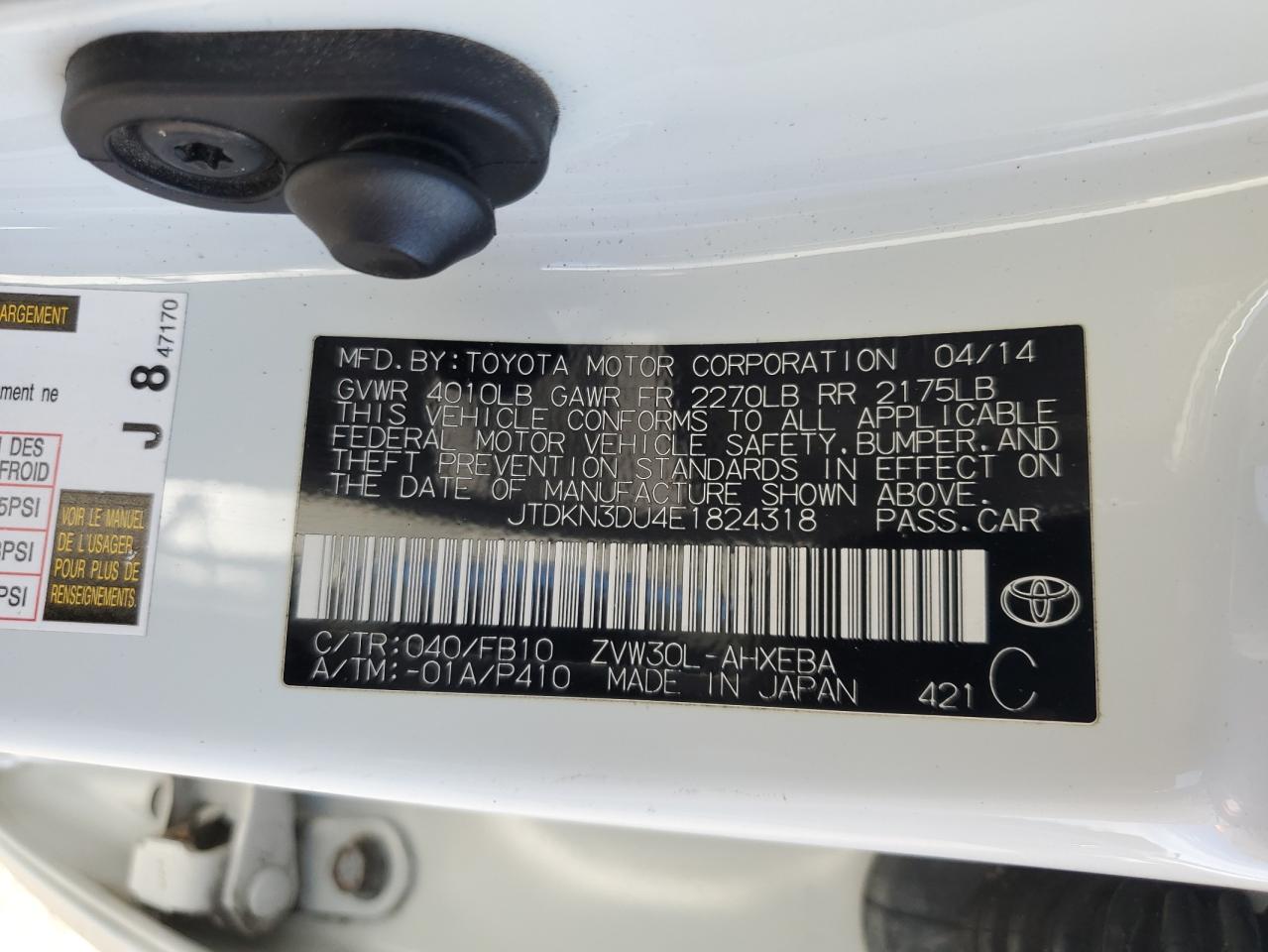 2014 Toyota Prius VIN: JTDKN3DU4E1824318 Lot: 65509275