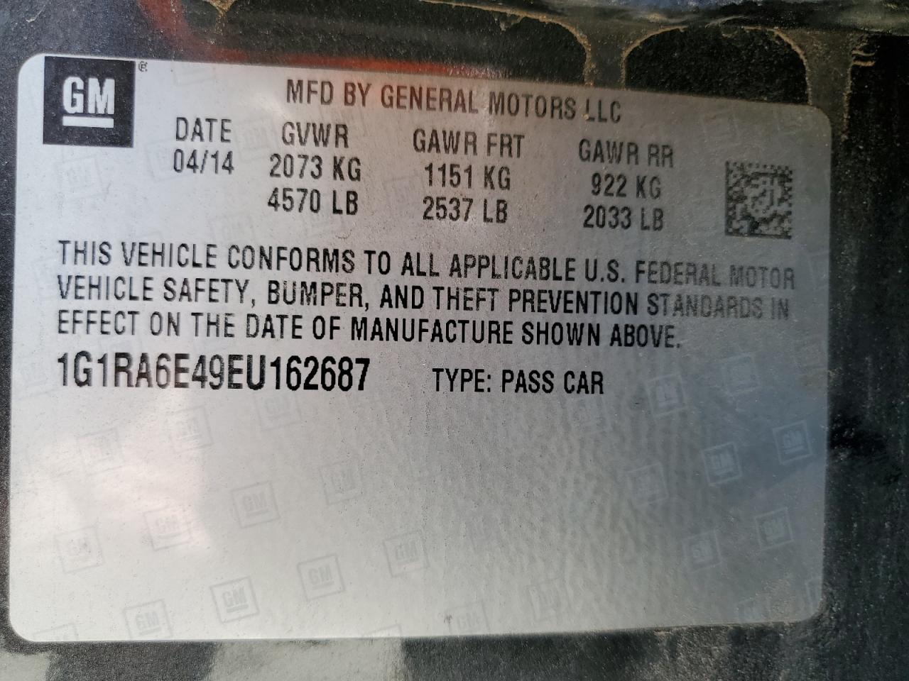 1g1ra6e49eu162687 1G1RA6E49EU162687 2014 Chevrolet Volt