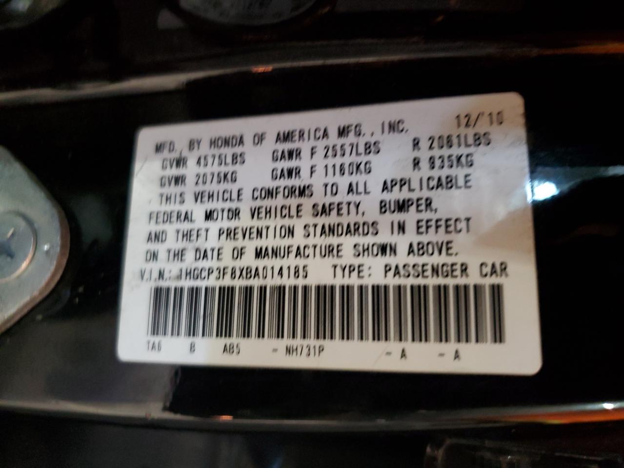 2011 Honda Accord Exl VIN: 1HGCP3F8XBA014185 Lot: 64207515
