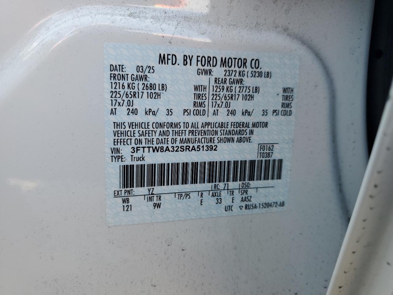 2025 Ford Maverick Xl VIN: 3FTTW8A32SRA51392 Lot: 64743195