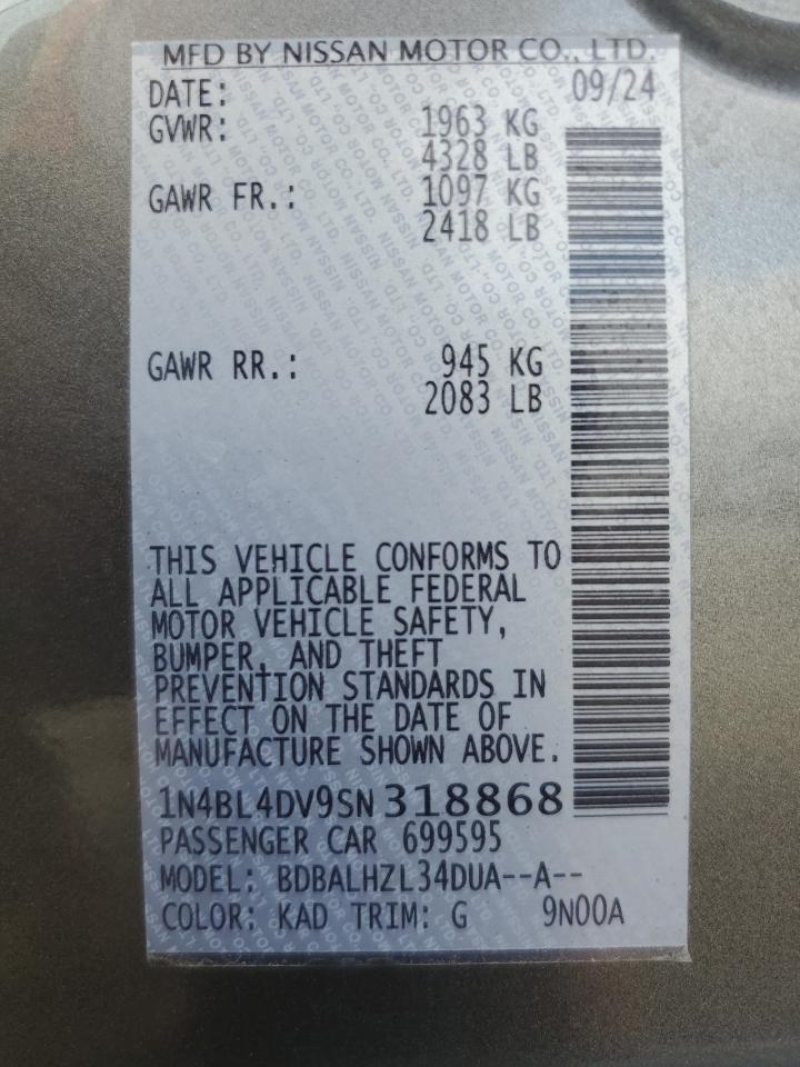 2025 Nissan Altima Sv VIN: 1N4BL4DV9SN318868 Lot: 64797405