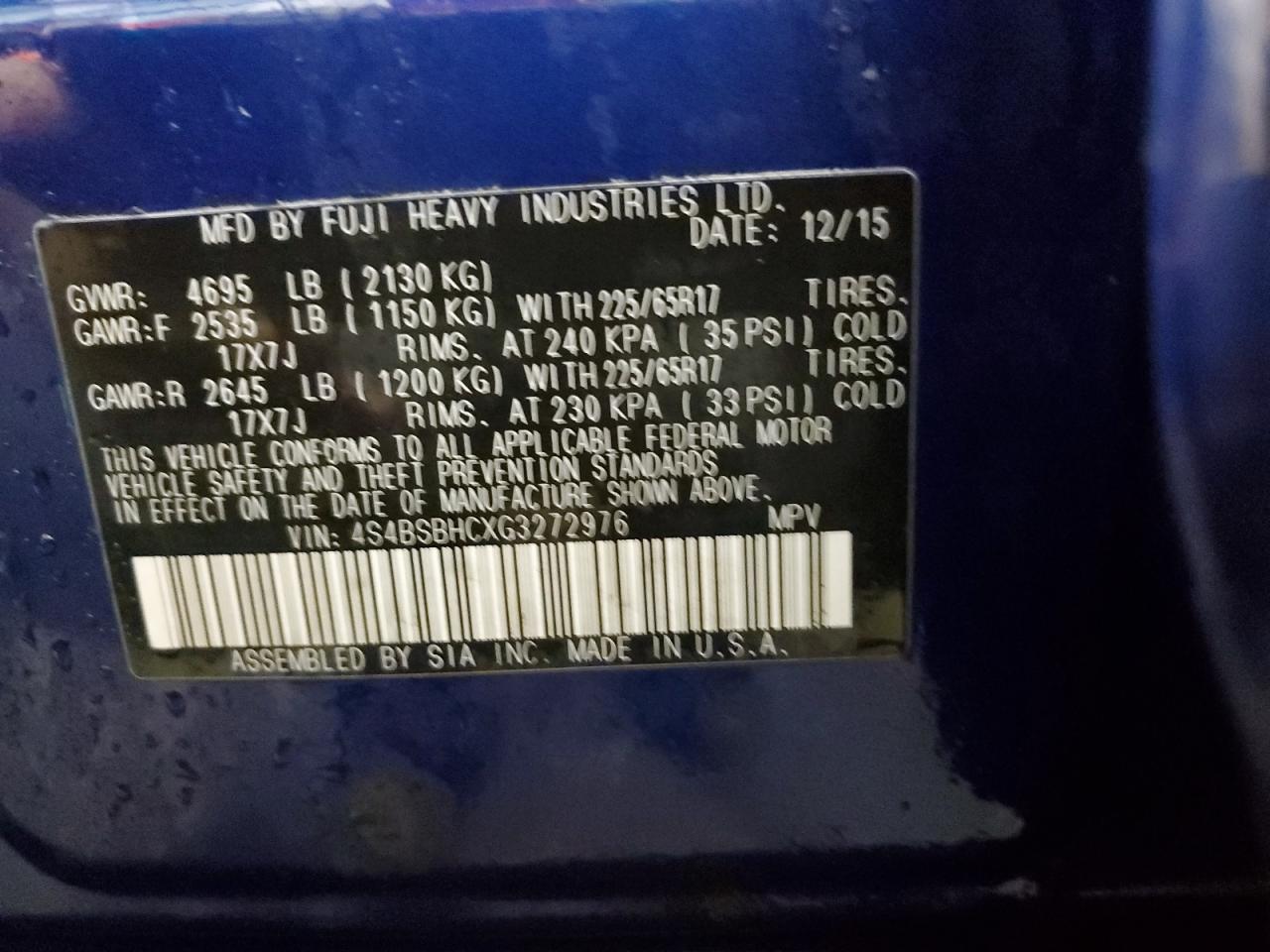 2016 Subaru Outback 2.5I Premium VIN: 4S4BSBHCXG3272976 Lot: 65733055