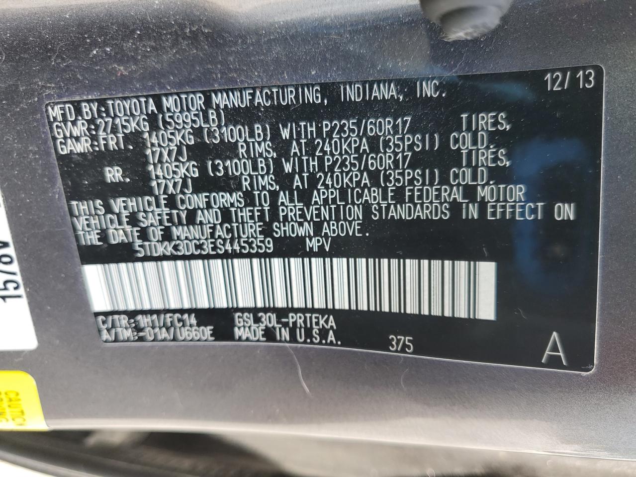 2014 Toyota Sienna Le VIN: 5TDKK3DC3ES445359 Lot: 63214055