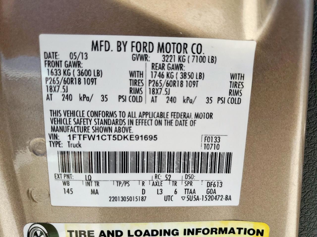 2013 Ford F150 Supercrew VIN: 1FTFW1CT5DKE91695 Lot: 65282135