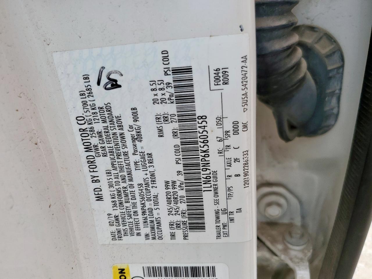 2019 Lincoln Continental Reserve VIN: 1LN6L9NP6K5605458 Lot: 66332205