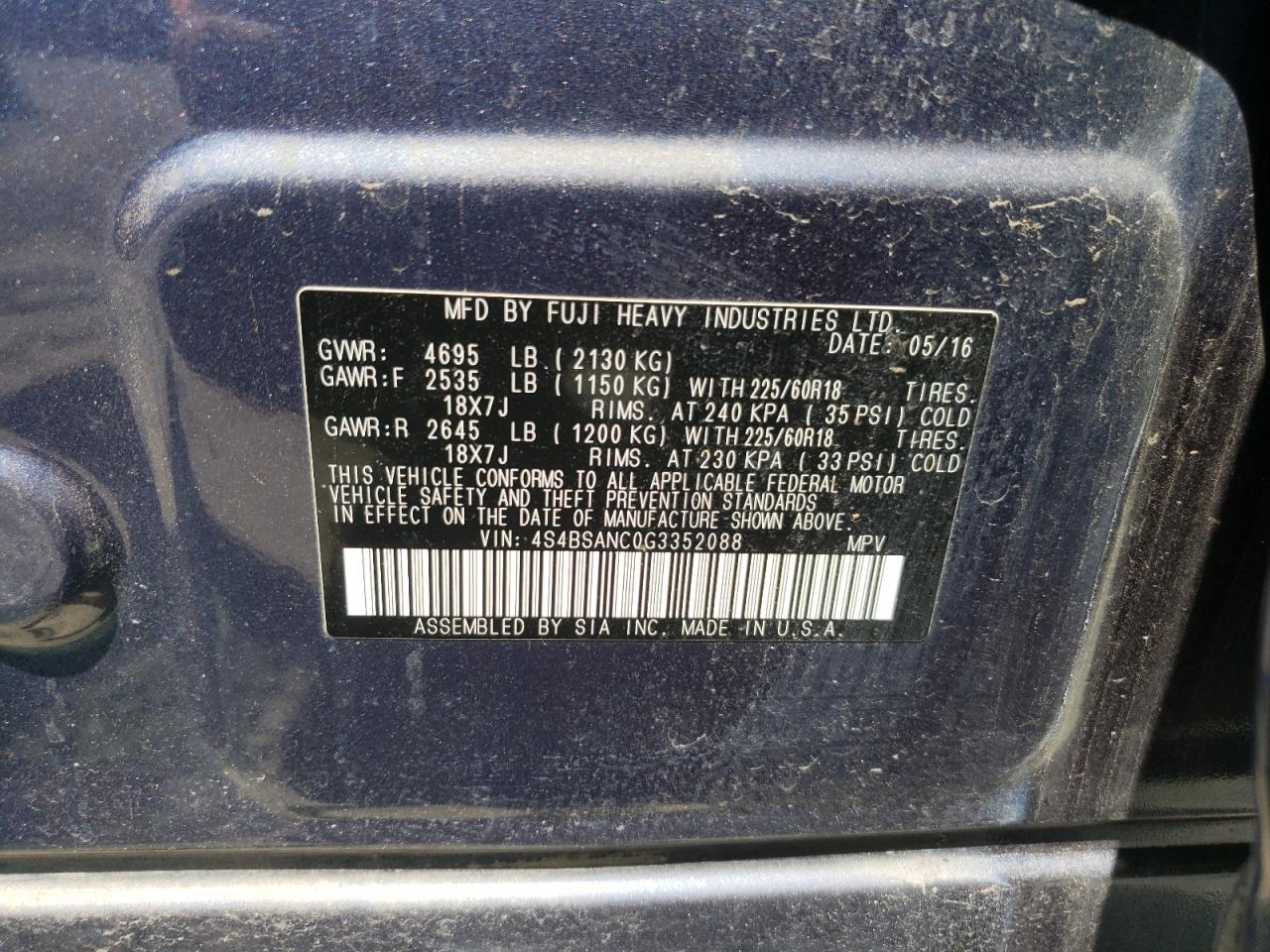 2016 Subaru Outback 2.5I Limited VIN: 4S4BSANC0G3352088 Lot: 64701015