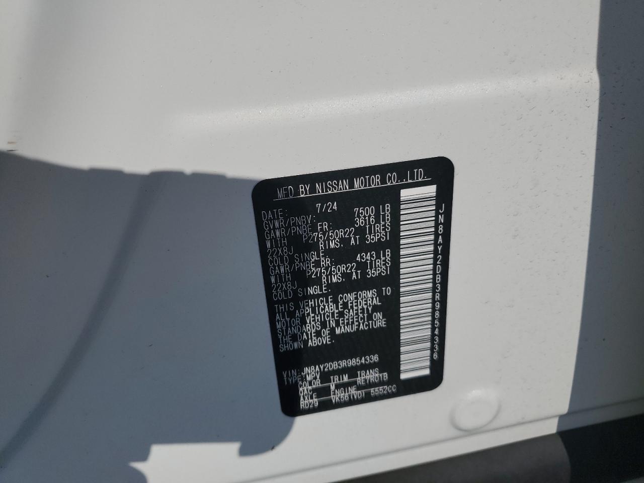 2024 Nissan Armada Platinum VIN: JN8AY2DB3R9854336 Lot: 64290985