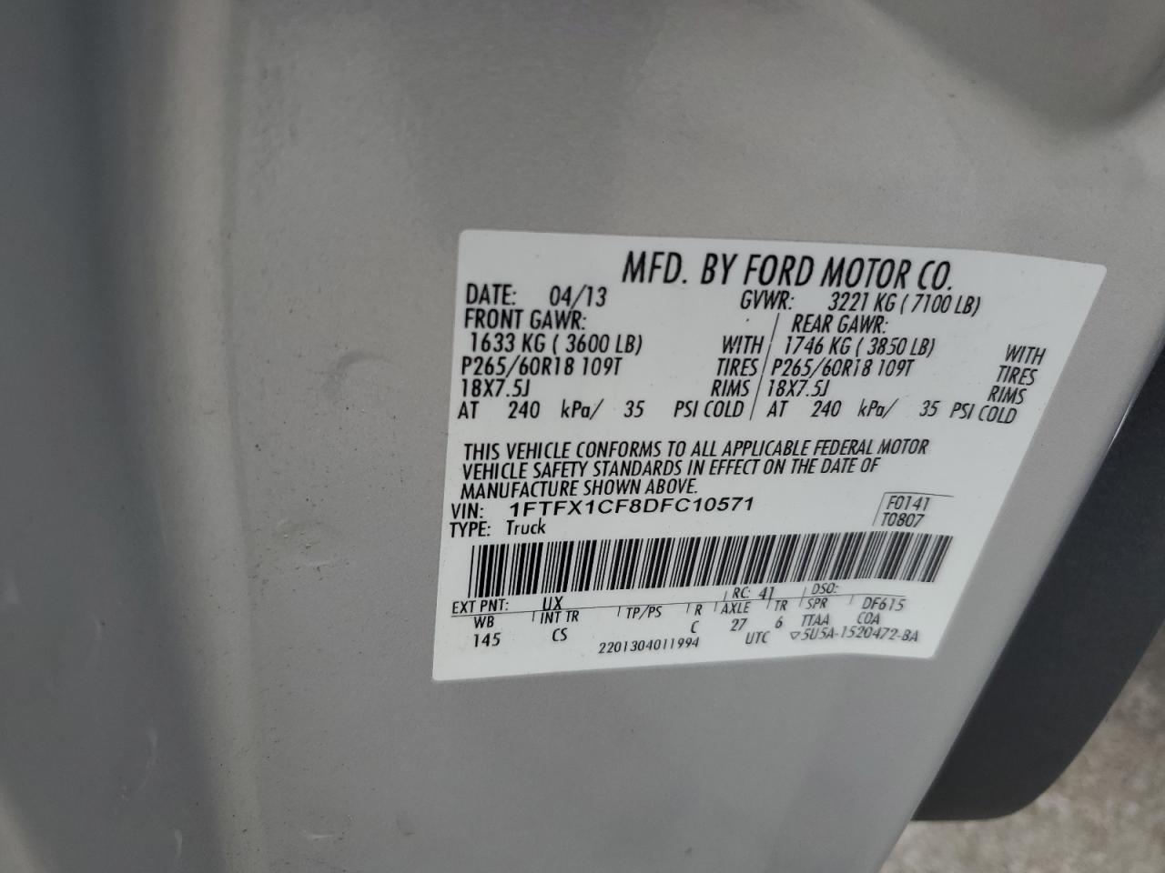 2013 Ford F150 Super Cab VIN: 1FTFX1CF8DFC10571 Lot: 65785495