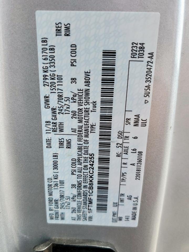 2019 Ford F150 VIN: 1FTMF1CB8KKC24255 Lot: 64755525