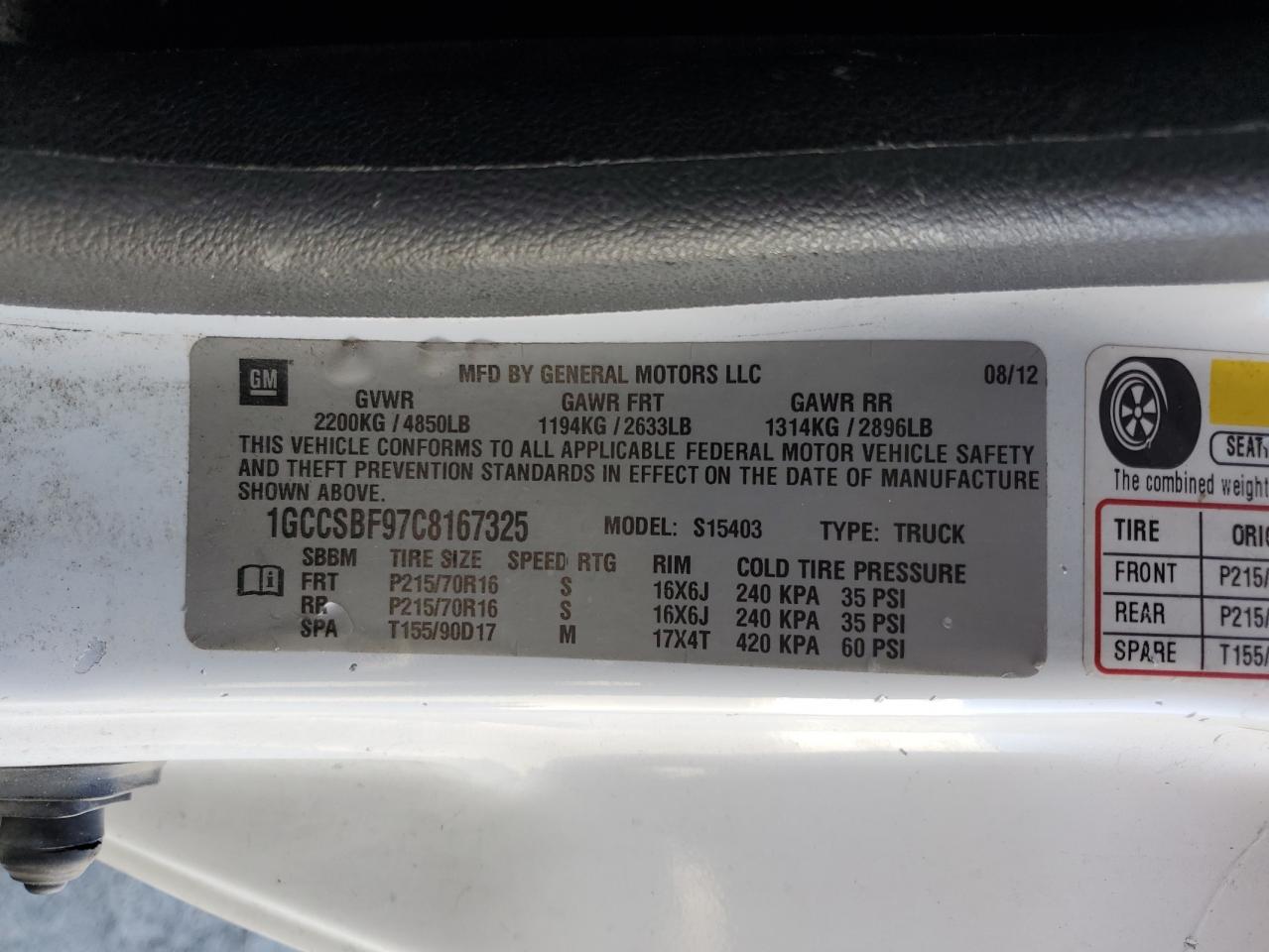 2012 Chevrolet Colorado VIN: 1GCCSBF97C8167325 Lot: 63853845