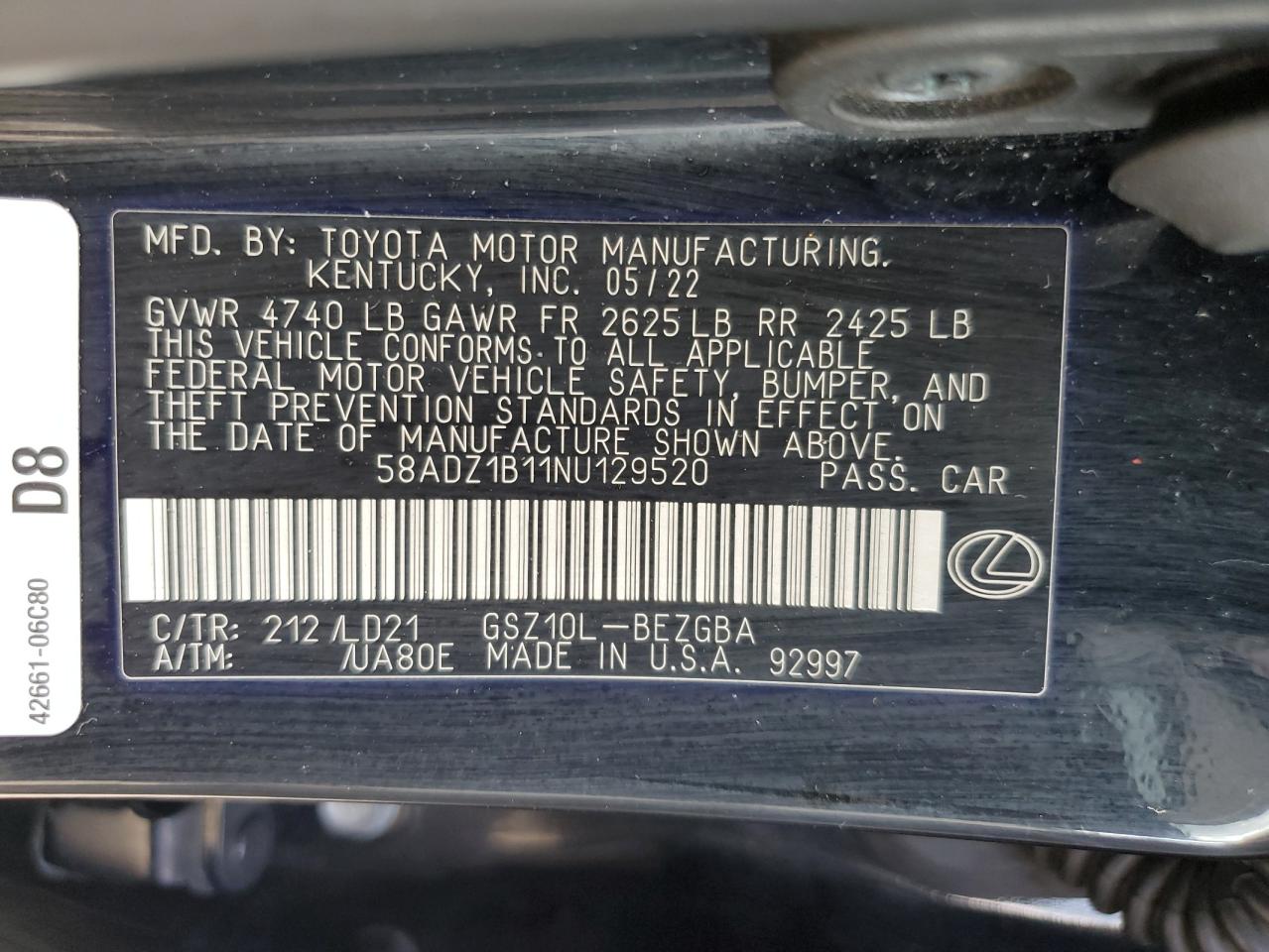 2022 Lexus Es 350 Base VIN: 58ADZ1B11NU129520 Lot: 65880665