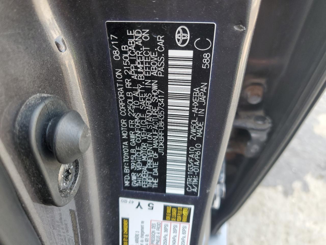 2017 Toyota Prius VIN: JTDKBRFU8H3573417 Lot: 64755715
