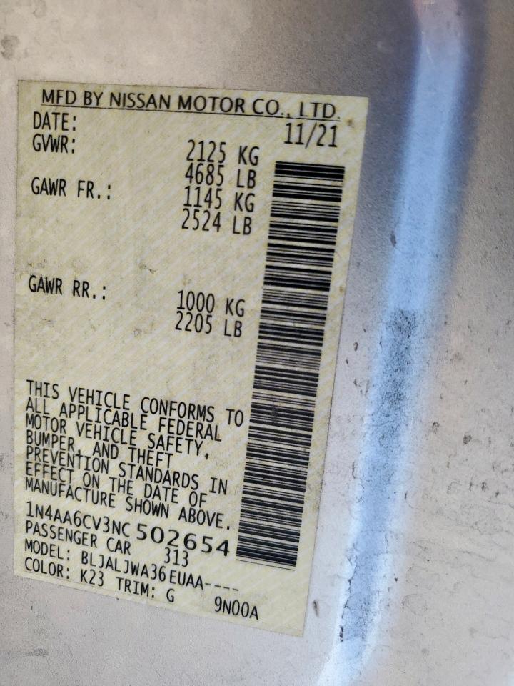 2022 Nissan Maxima Sv VIN: 1N4AA6CV3NC502654 Lot: 66477165