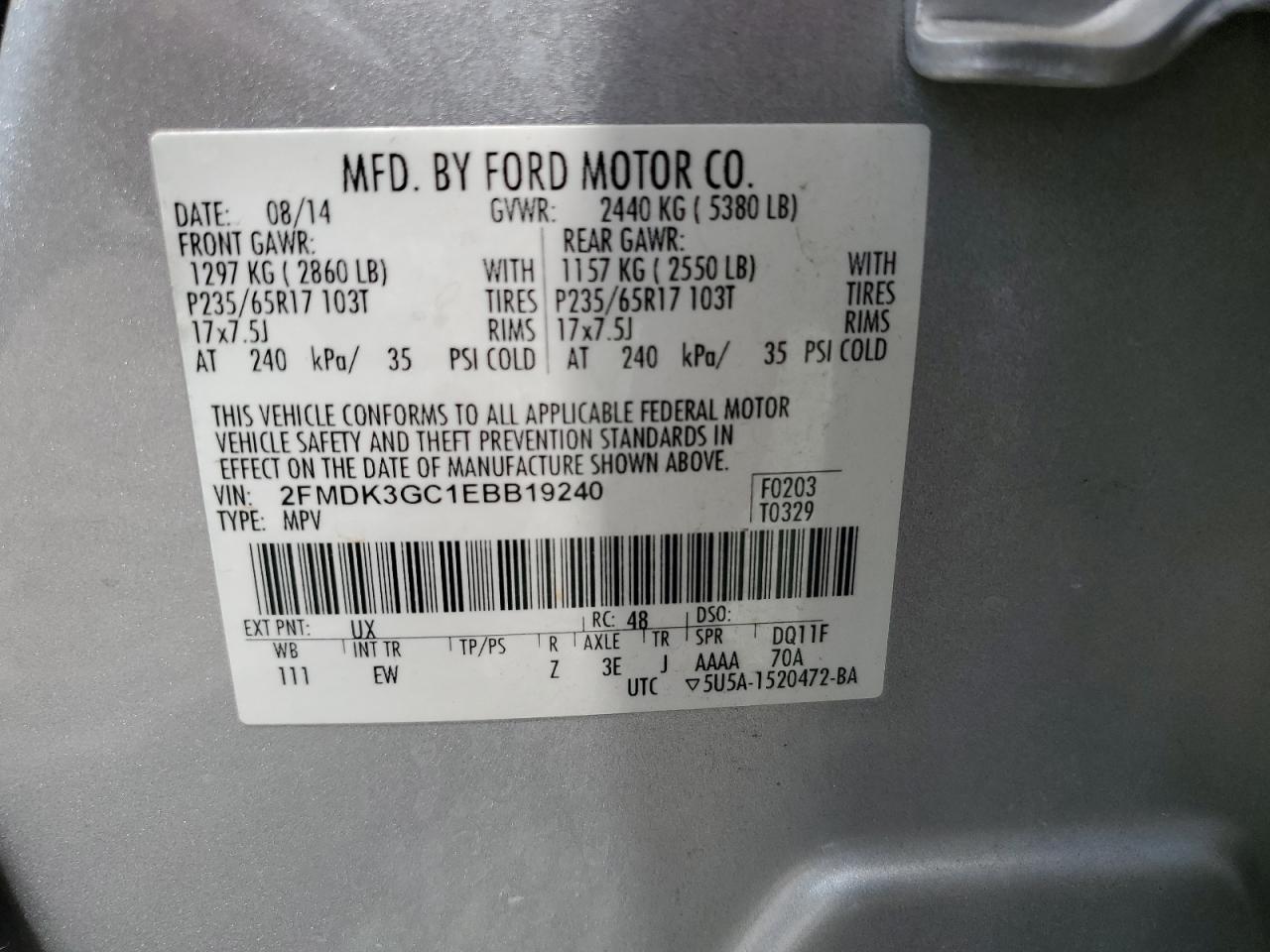2014 Ford Edge Se VIN: 2FMDK3GC1EBB19240 Lot: 64392495