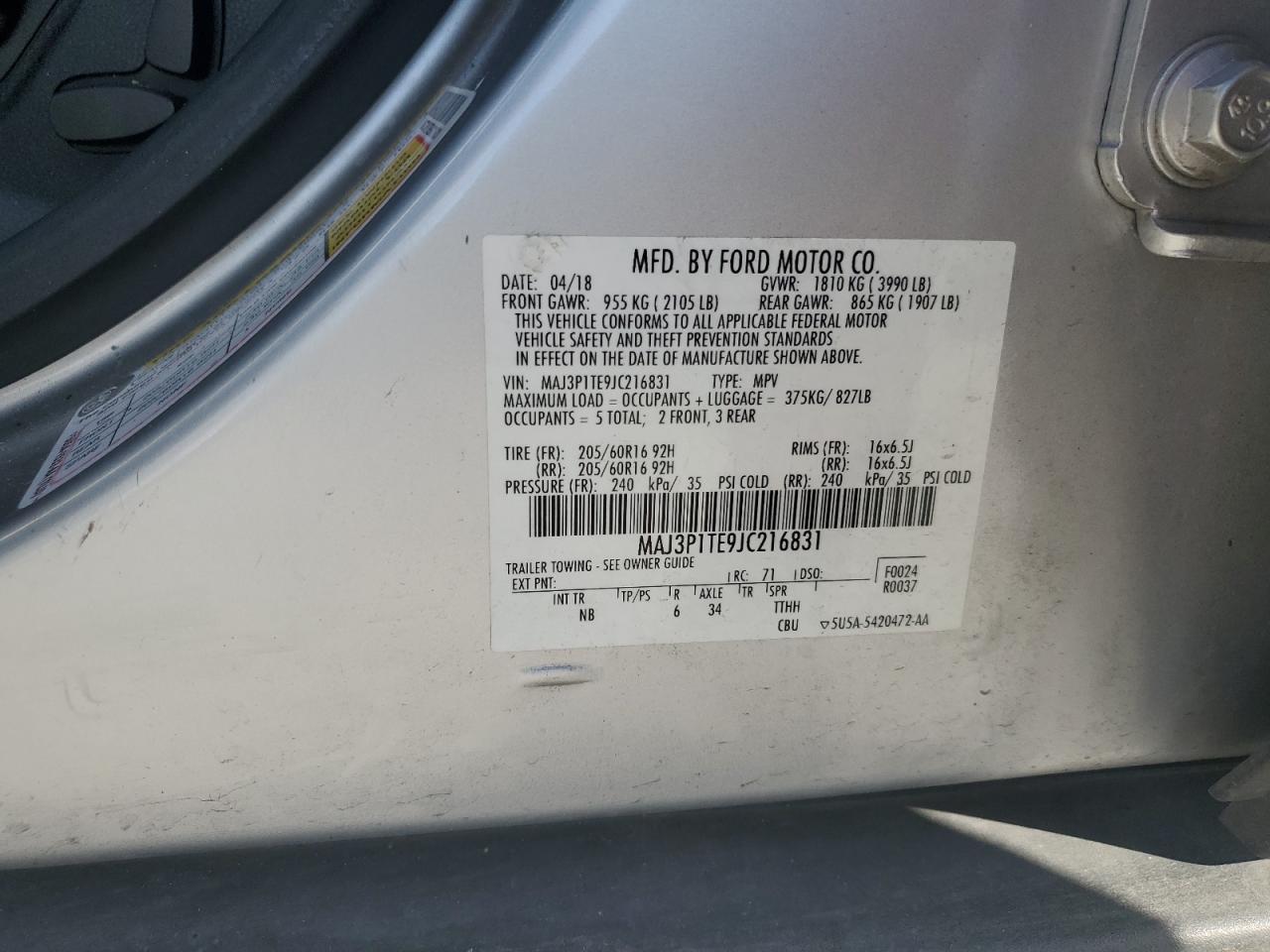 2018 Ford Ecosport Se VIN: MAJ3P1TE9JC216831 Lot: 64180445