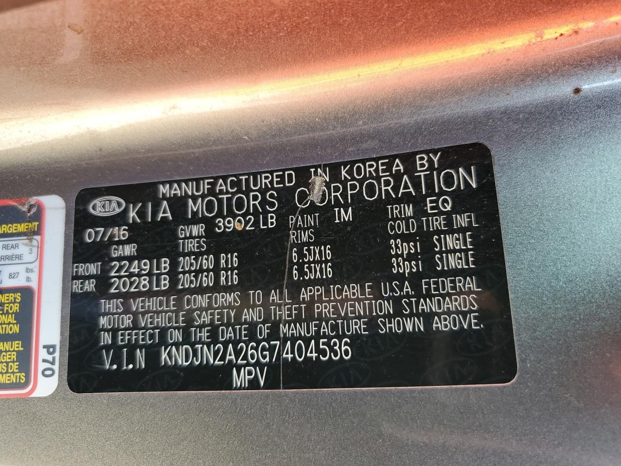 2016 Kia Soul VIN: KNDJN2A26G7404536 Lot: 65332185