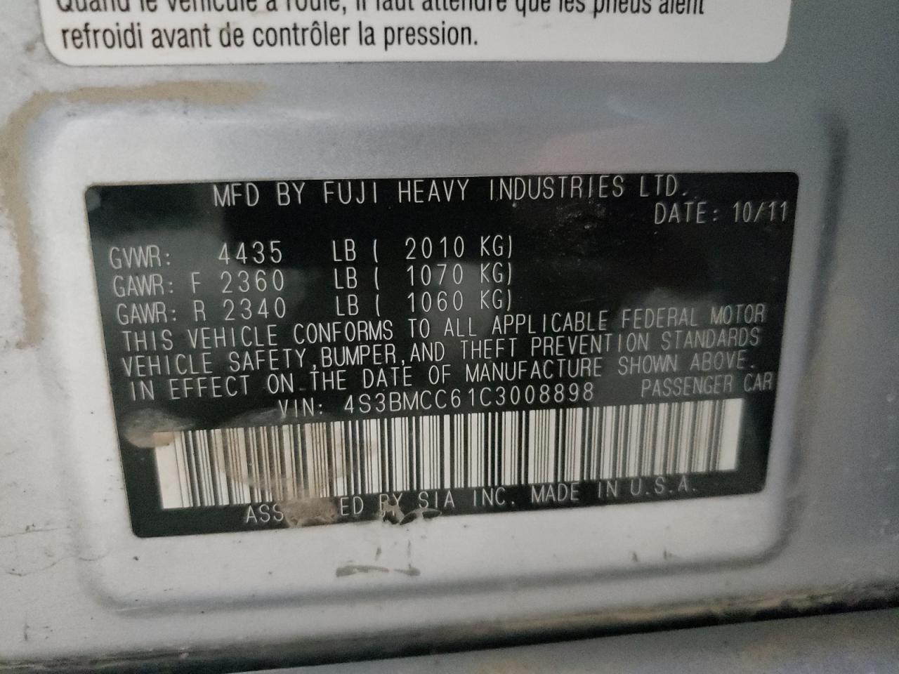 2012 Subaru Legacy 2.5I Premium VIN: 4S3BMCC61C3008898 Lot: 63504875