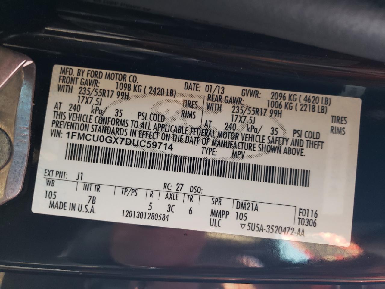 2013 Ford Escape Se VIN: 1FMCU0GX7DUC59714 Lot: 64600865