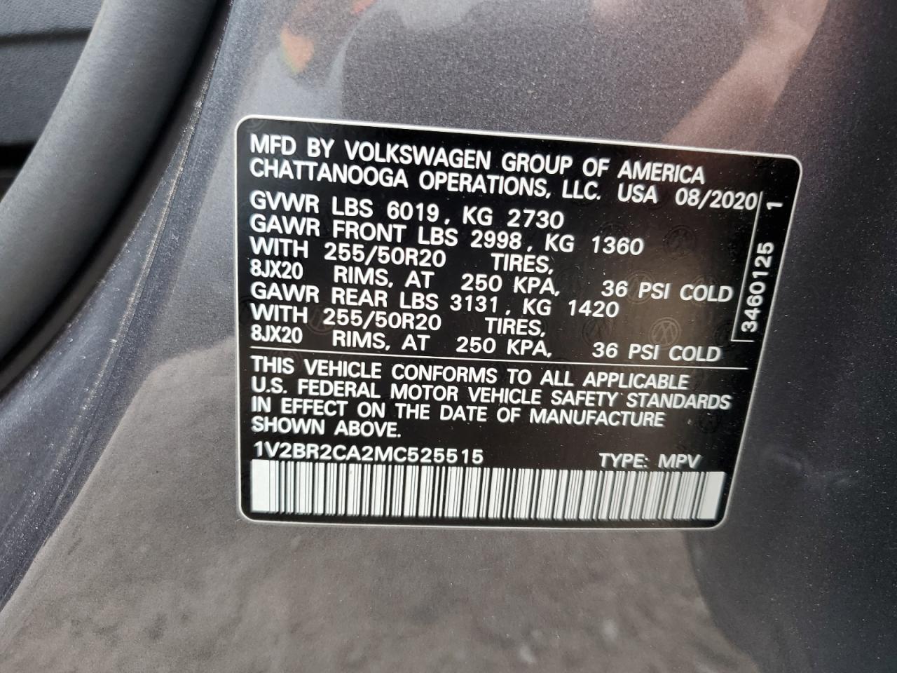 2021 Volkswagen Atlas Sel VIN: 1V2BR2CA2MC525515 Lot: 64487245