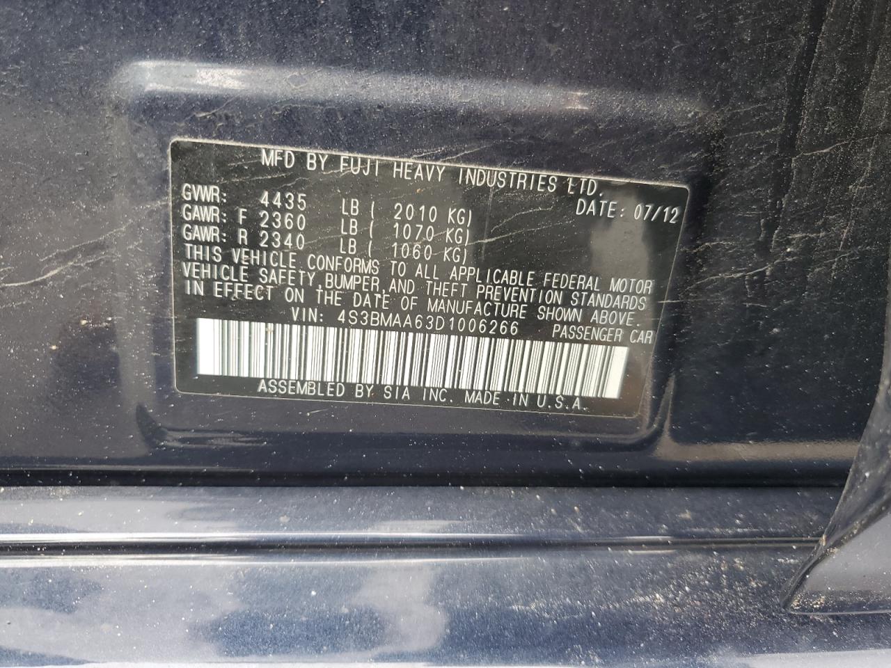 2013 Subaru Legacy 2.5I VIN: 4S3BMAA63D1006266 Lot: 64404485