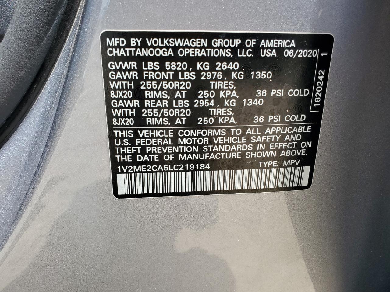 2020 Volkswagen Atlas Cross Sport Sel VIN: 1V2ME2CA5LC219184 Lot: 64309135