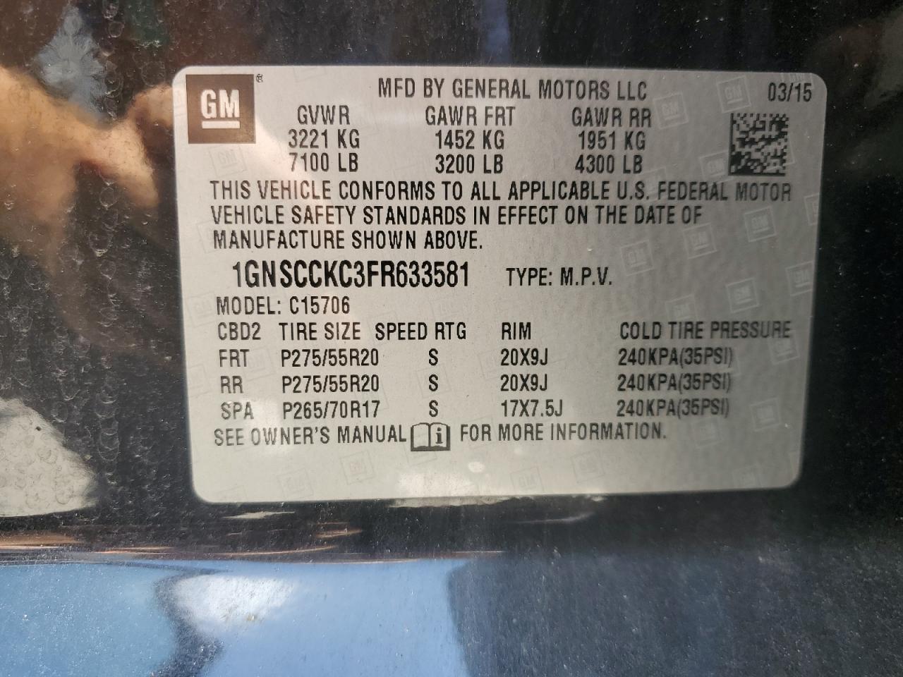 2015 Chevrolet Tahoe C1500 Ltz VIN: 1GNSCCKC3FR633581 Lot: 65729215