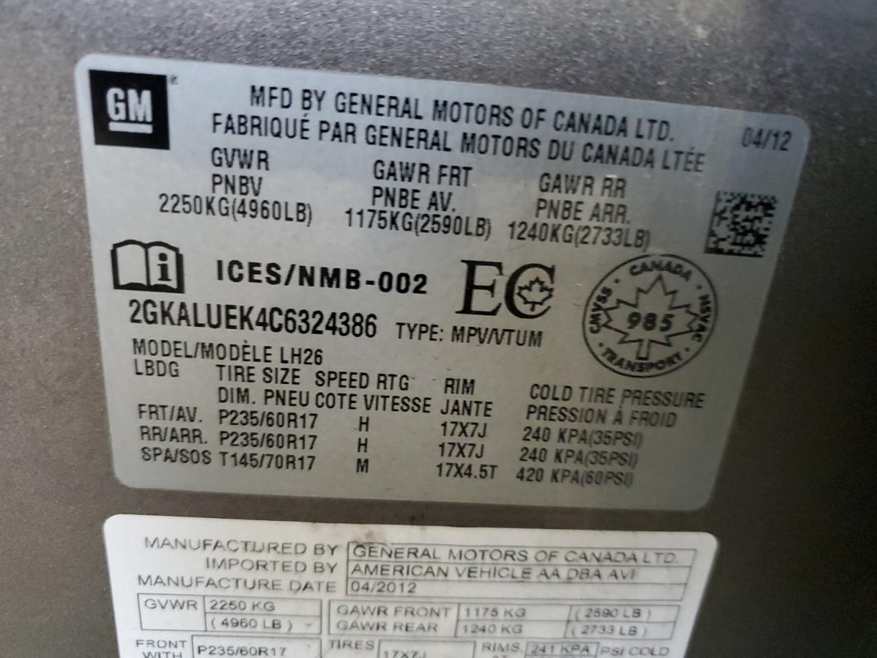 2012 GMC Terrain Slt VIN: 2GKALUEK4C6324386 Lot: 64099955