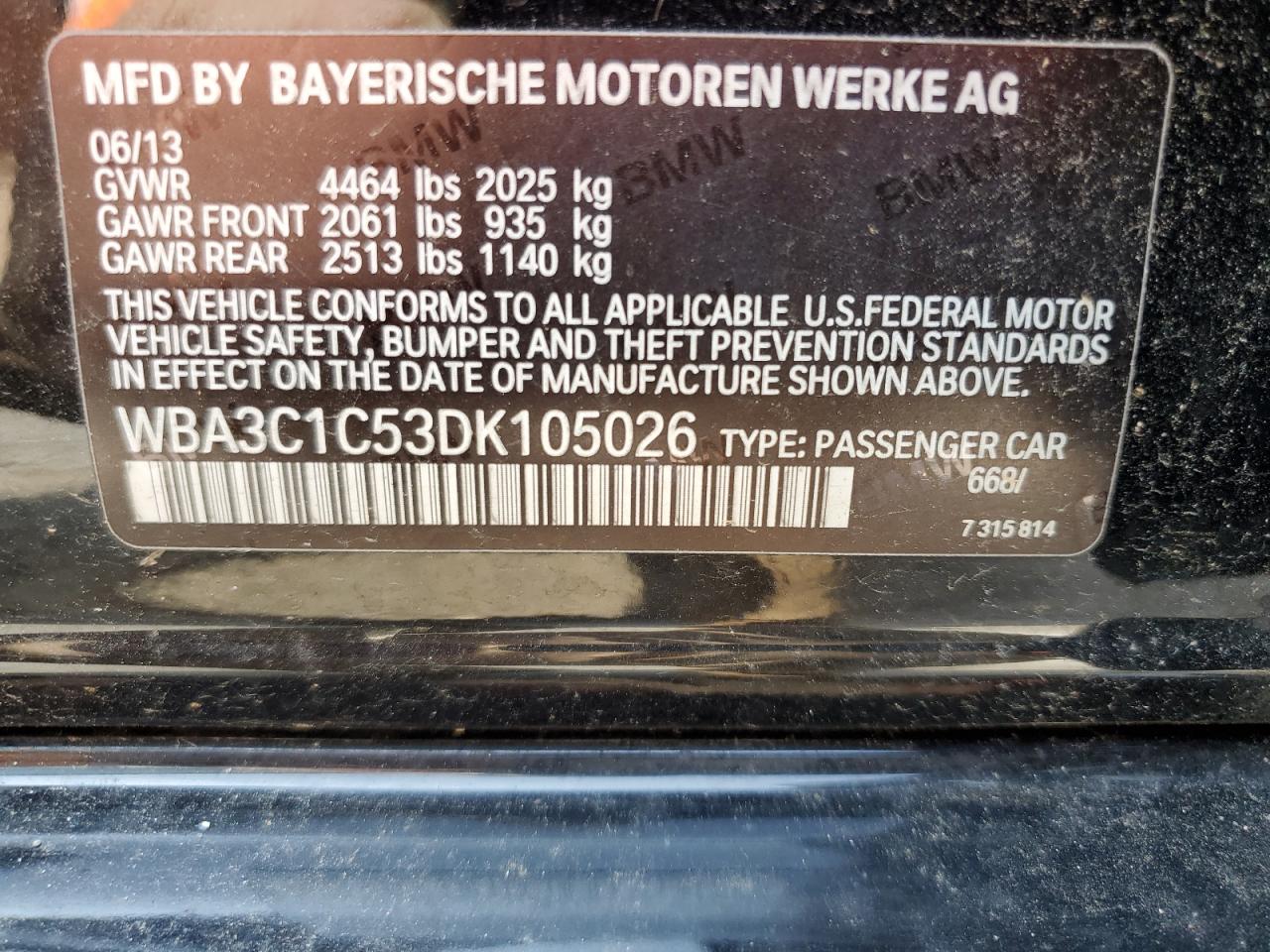 2013 BMW 328 I Sulev VIN: WBA3C1C53DK105026 Lot: 65911465