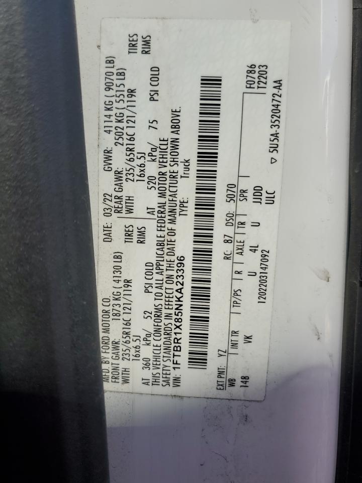 2022 Ford Transit T-250 VIN: 1FTBR1X85NKA23396 Lot: 64598275
