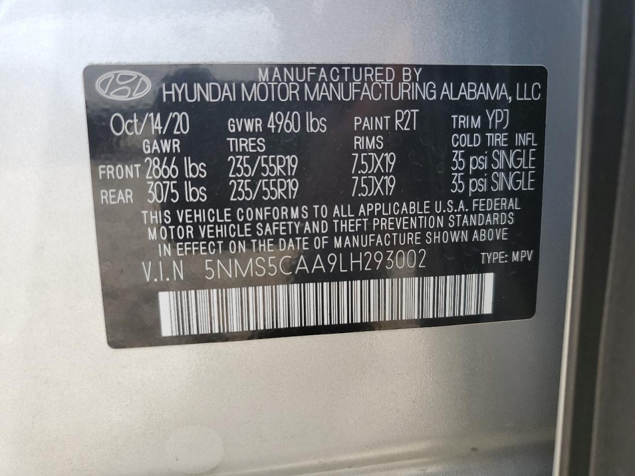 2020 Hyundai Santa Fe Limited VIN: 5NMS5CAA9LH293002 Lot: 63410745