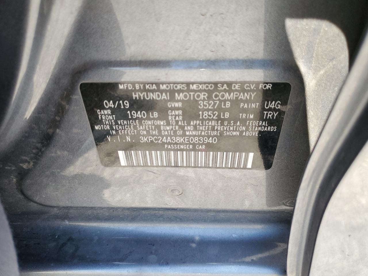 2019 Hyundai Accent Se VIN: 3KPC24A38KE083940 Lot: 64448185