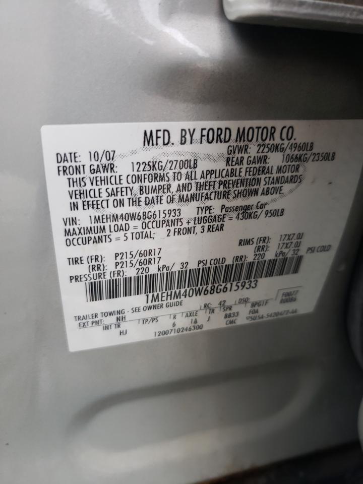 2008 Mercury Sable Luxury VIN: 1MEHM40W68G615933 Lot: 85949655