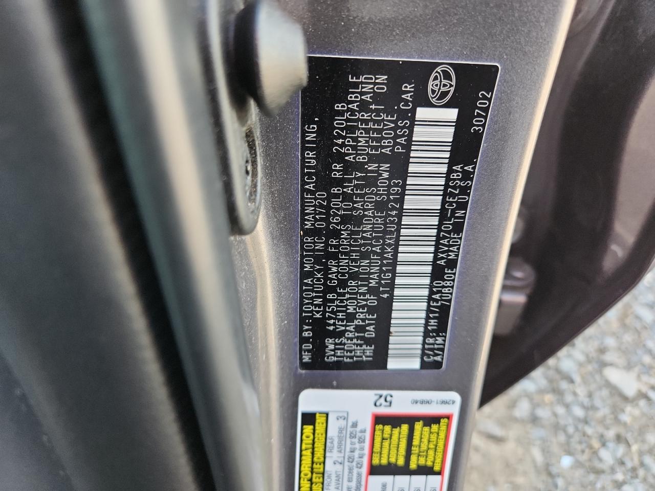 2020 Toyota Camry Se VIN: 4T1G11AKXLU342193 Lot: 65028515