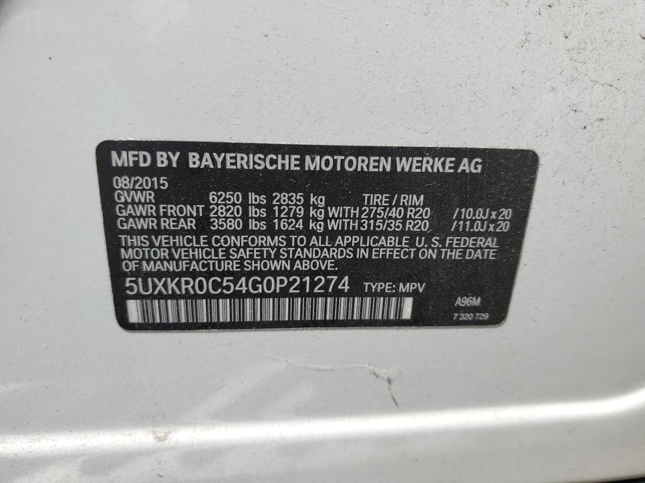 2016 BMW X5 xDrive35I VIN: 5UXKR0C54G0P21274 Lot: 66196675