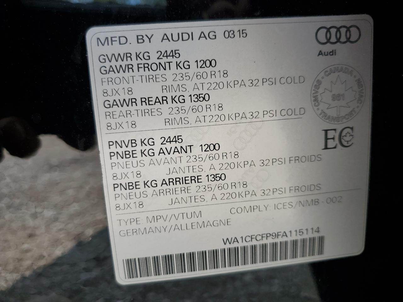 2015 Audi Q5 Premium VIN: WA1CFCFP9FA115114 Lot: 64789495